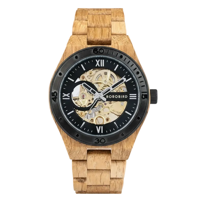 Wooden watch with black dial on a light gray background