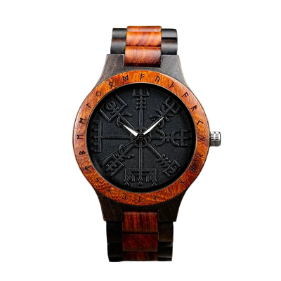 Wooden watch with black face and symbol on a white background