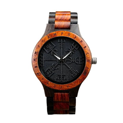 Wooden watch with black face and symbol on a white background