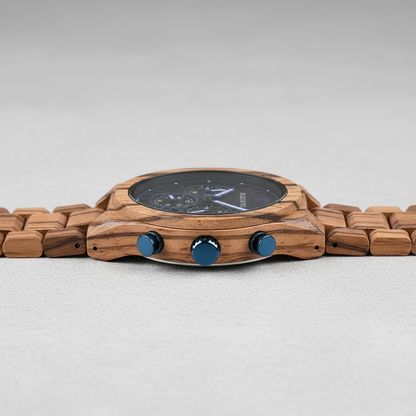 Wooden watch with blue accents on a light gray background