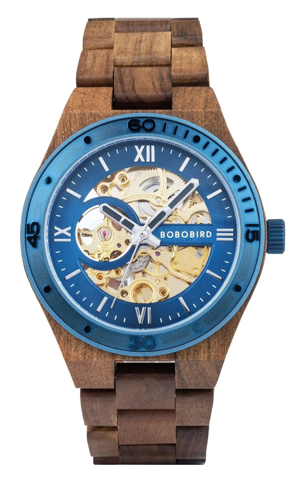 Wooden watch with blue face and BOBOBIRD branding on a white background