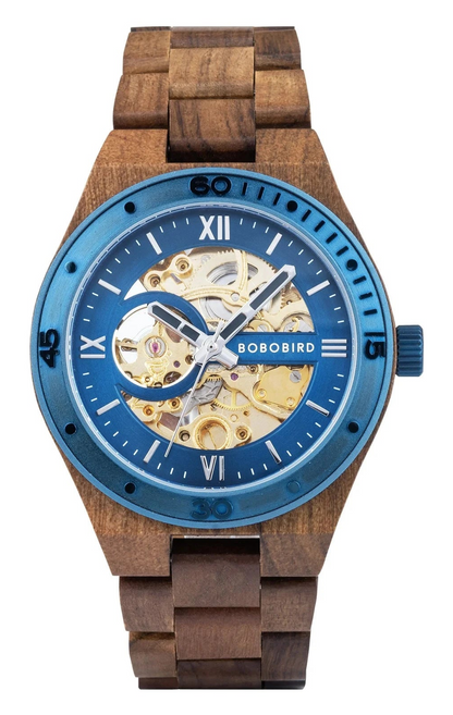 Wooden watch with blue face and BOBOBIRD branding on a white background