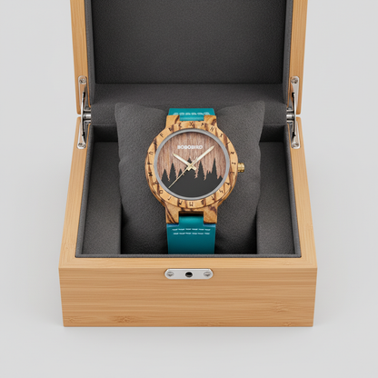 Wooden watch with blue strap in a wooden box on a light gray background