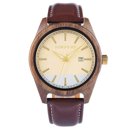 Wooden watch with brown leather strap and gold face on white background
