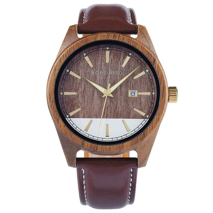 Wooden watch with brown leather strap on a white background