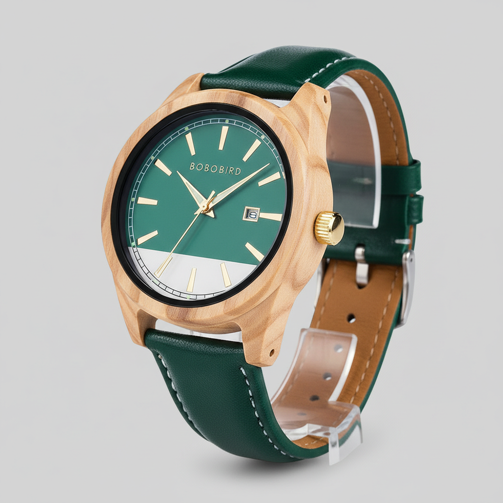Wooden watch with green strap and green dial on a gray background