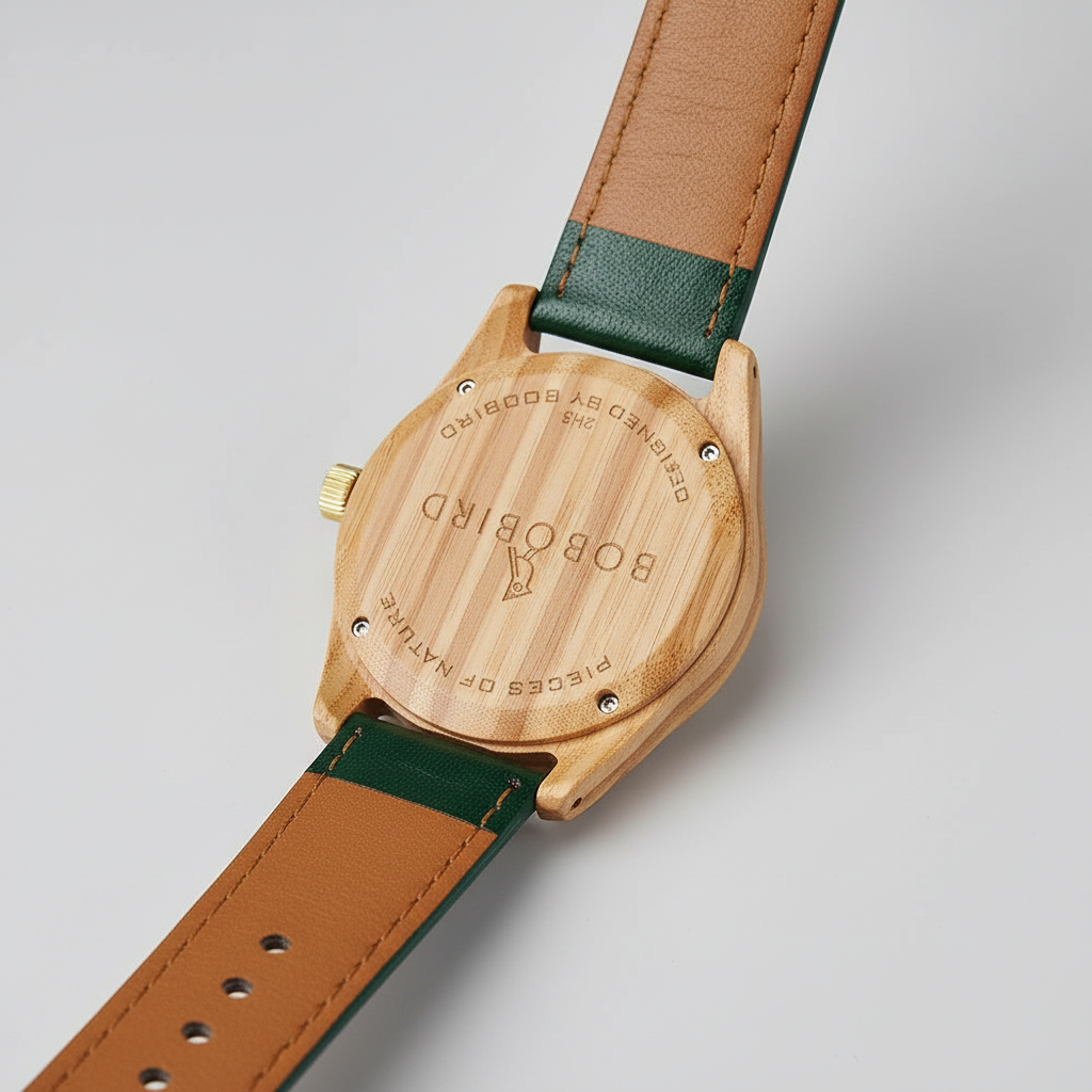 Wooden watch with green strap on a light gray background