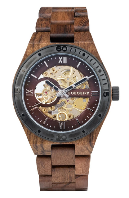 Wooden watch with mechanical movement on a white background, featuring the Bobo Bird brand.