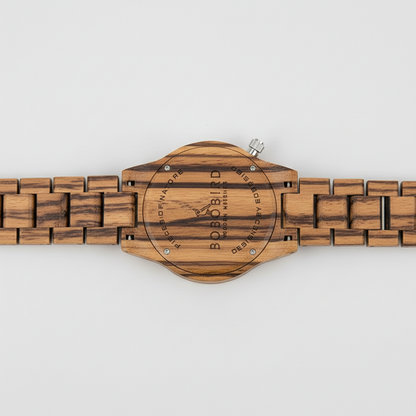 Wooden watch with zebrawood pattern on a white background