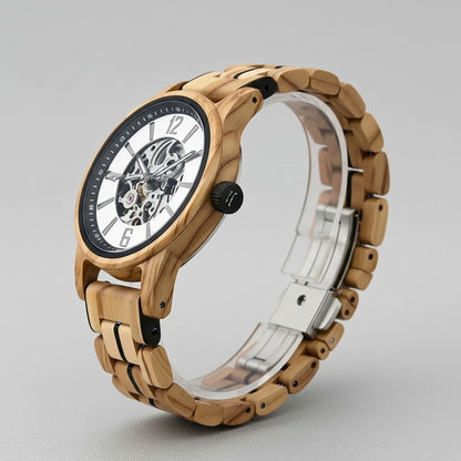 Wooden wristwatch with a clear face on a gray background