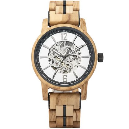 Wooden wristwatch with a mechanical face on a white background