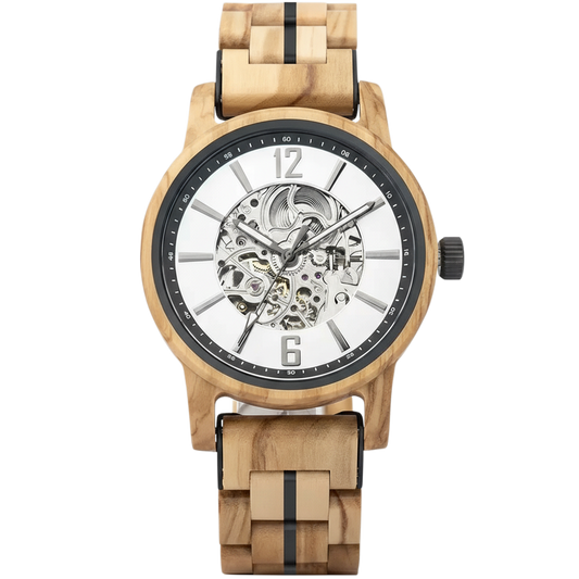 Wooden wristwatch with a mechanical face on a white background