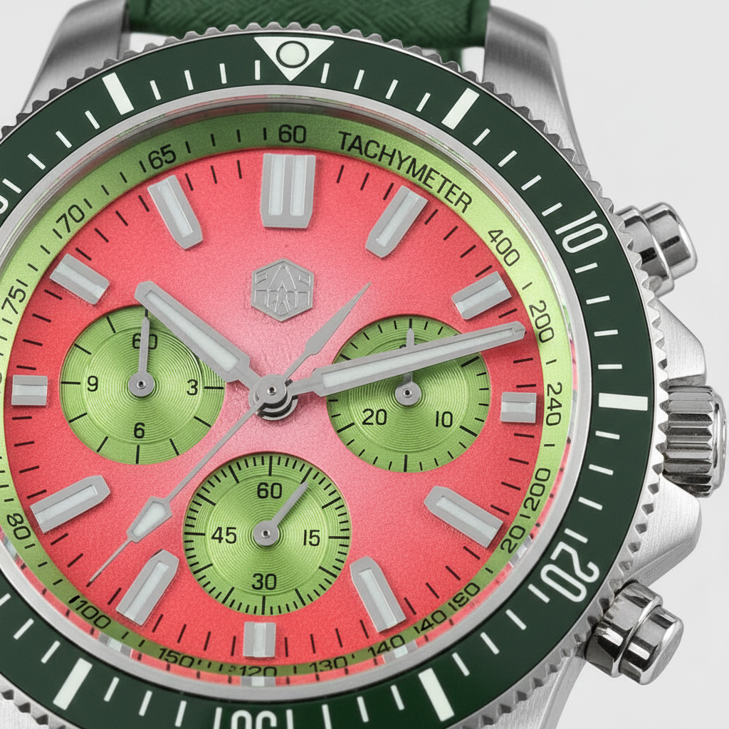 Wristwatch with a green and pink face on a white background