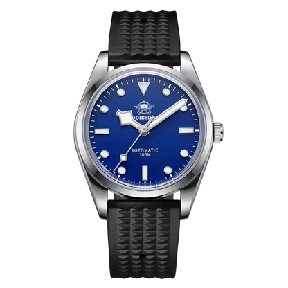 Wristwatch with blue dial and black strap on a white background