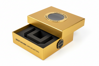 A gold-colored presentation box for Breitacher chronometers, shown open with a black foam insert and a circular window on the lid