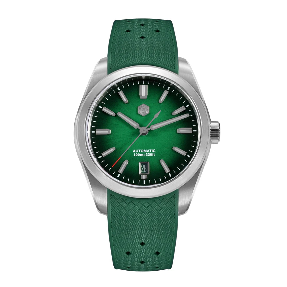 San Martin Horizon SN0144 automatic watch for men showcasing vivid green enamel dial and matching green rubber strap, 100 m water resistance.