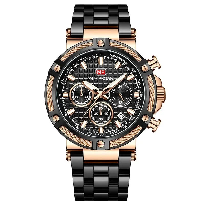 AURON men’s quartz chronograph watch with black dial, gold accents, and black stainless steel strap featuring a tachymeter bezel and bold luxury design.