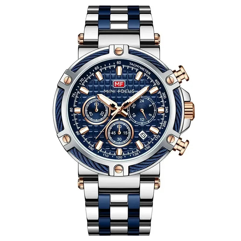 AURON men’s quartz chronograph tachymeter watch with blue dial and gold accents, stainless steel bracelet, and multi-function subdials for elegant modern style.