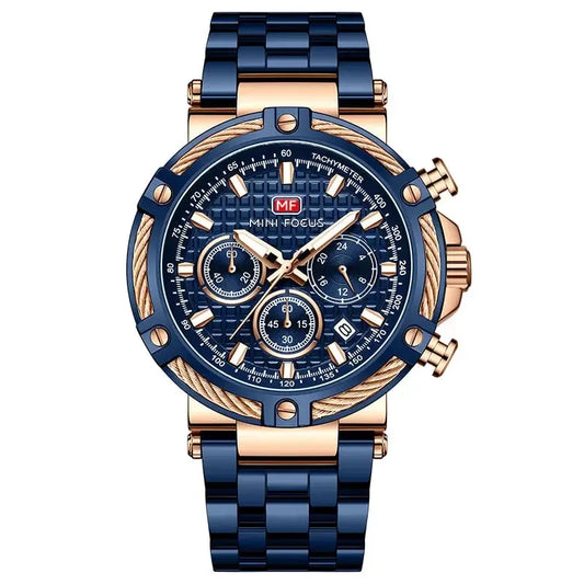 AURON men’s quartz chronograph tachymeter watch with deep blue dial, gold accents, and stainless steel bracelet, combining sporty precision with refined luxury design.