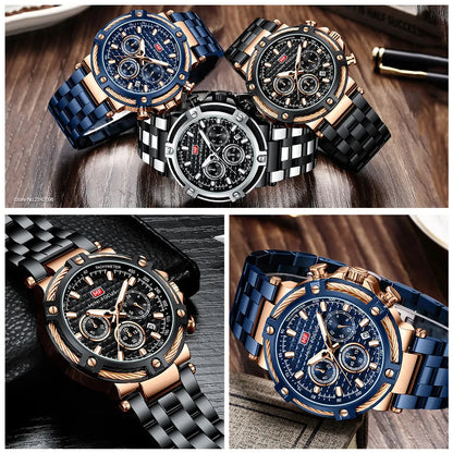 AURON luxury men’s quartz chronograph watches in blue, black, and silver variations displayed together on a wooden surface for an elegant lifestyle showcase.