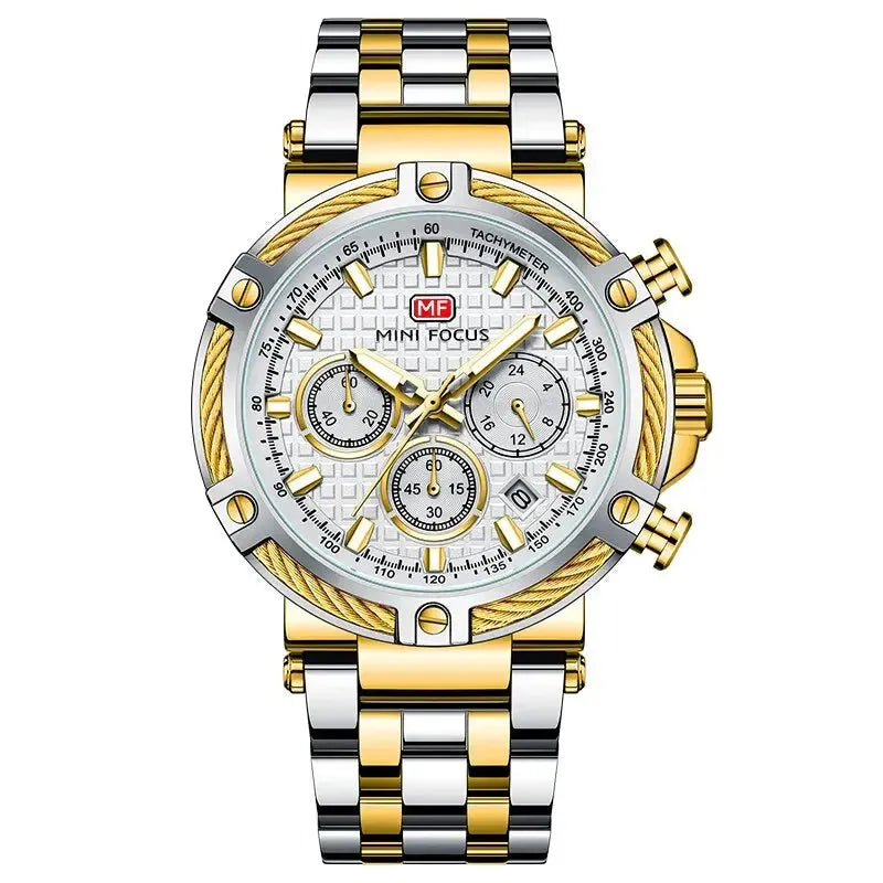 AURON men’s chronograph tachymeter wristwatch in silver and gold two-tone finish with luminous hands and quartz precision for a sophisticated luxury feel.