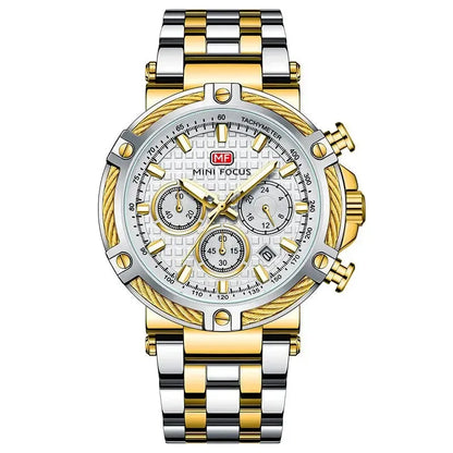 AURON men’s chronograph tachymeter wristwatch in silver and gold two-tone finish with luminous hands and quartz precision for a sophisticated luxury feel.