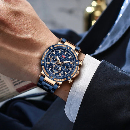 AURON chronograph tachymeter men’s watch worn with a business suit, emphasizing its professional, confident, and timeless masculine elegance.