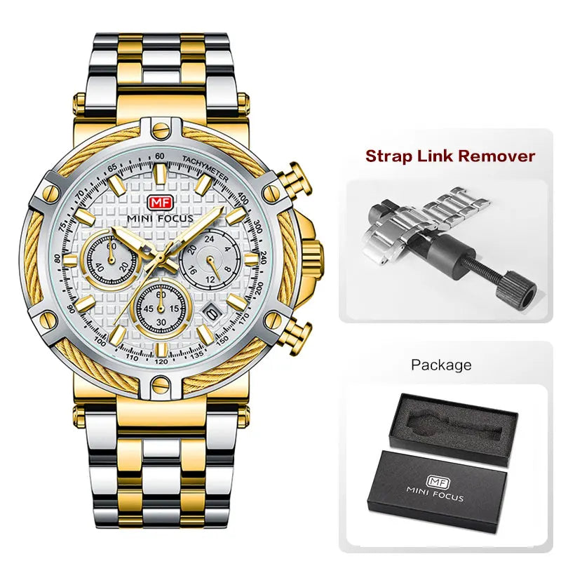 AURON men’s chronograph tachymeter watch with stainless steel bracelet, strap link remover tool, and branded gift box packaging for premium presentation.