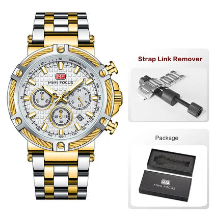 AURON men’s chronograph tachymeter watch with stainless steel bracelet, strap link remover tool, and branded gift box packaging for premium presentation.