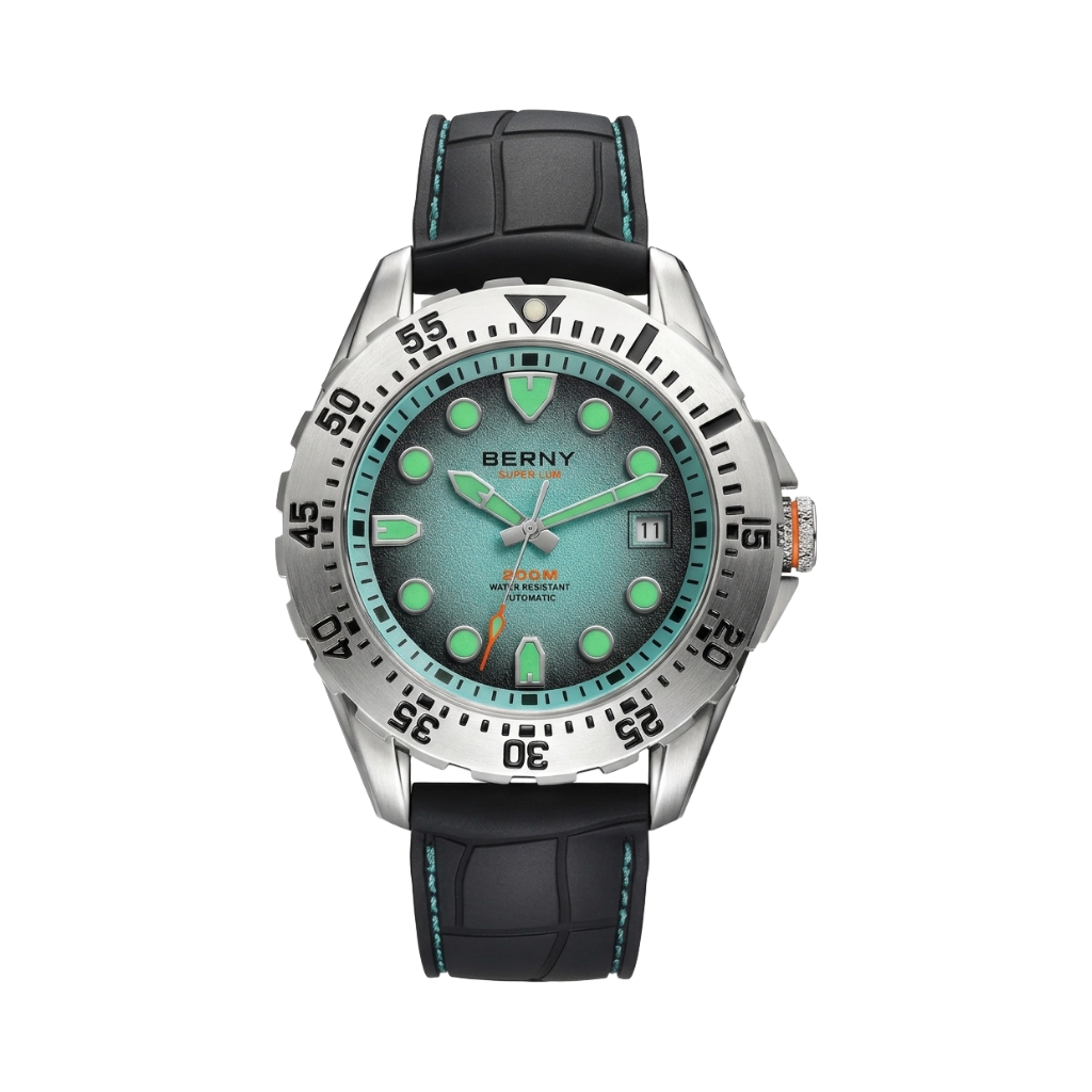BERNY AM151M Black Rubber Strap - Automatic Dive Watch with Frosted Dial