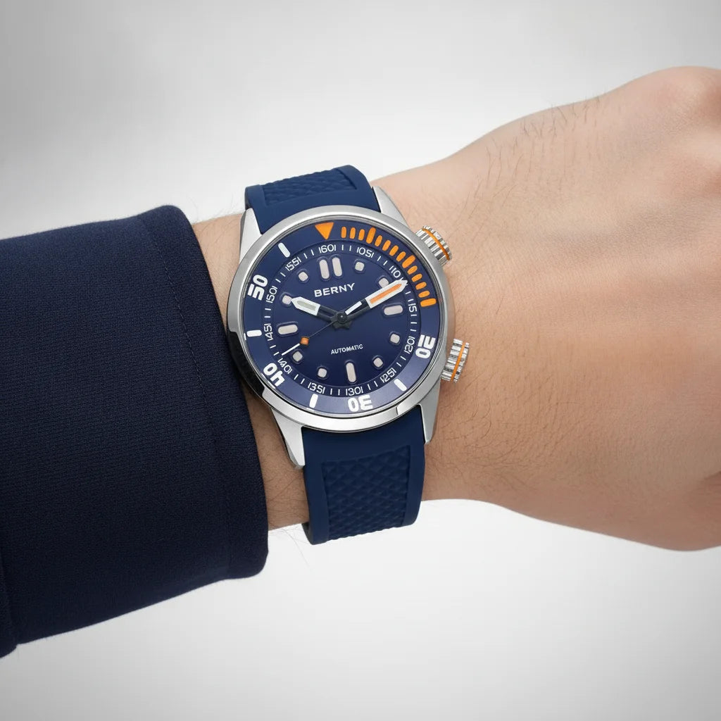 Berny AM339M - wrist watch closeup, grey studio lighting, minimalist sleeve detail