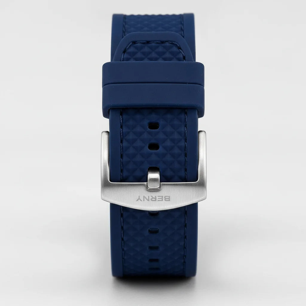 Berny AM339M - brushed metal clasp, textured watch strap, minimalist studio background