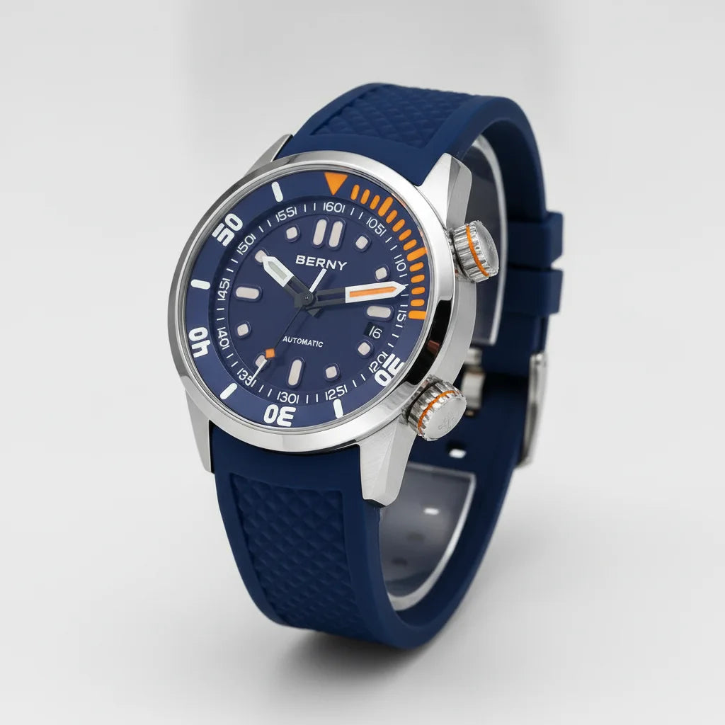 Berny AM339M - luxury analog wristwatch, minimalist grey background, soft studio lighting