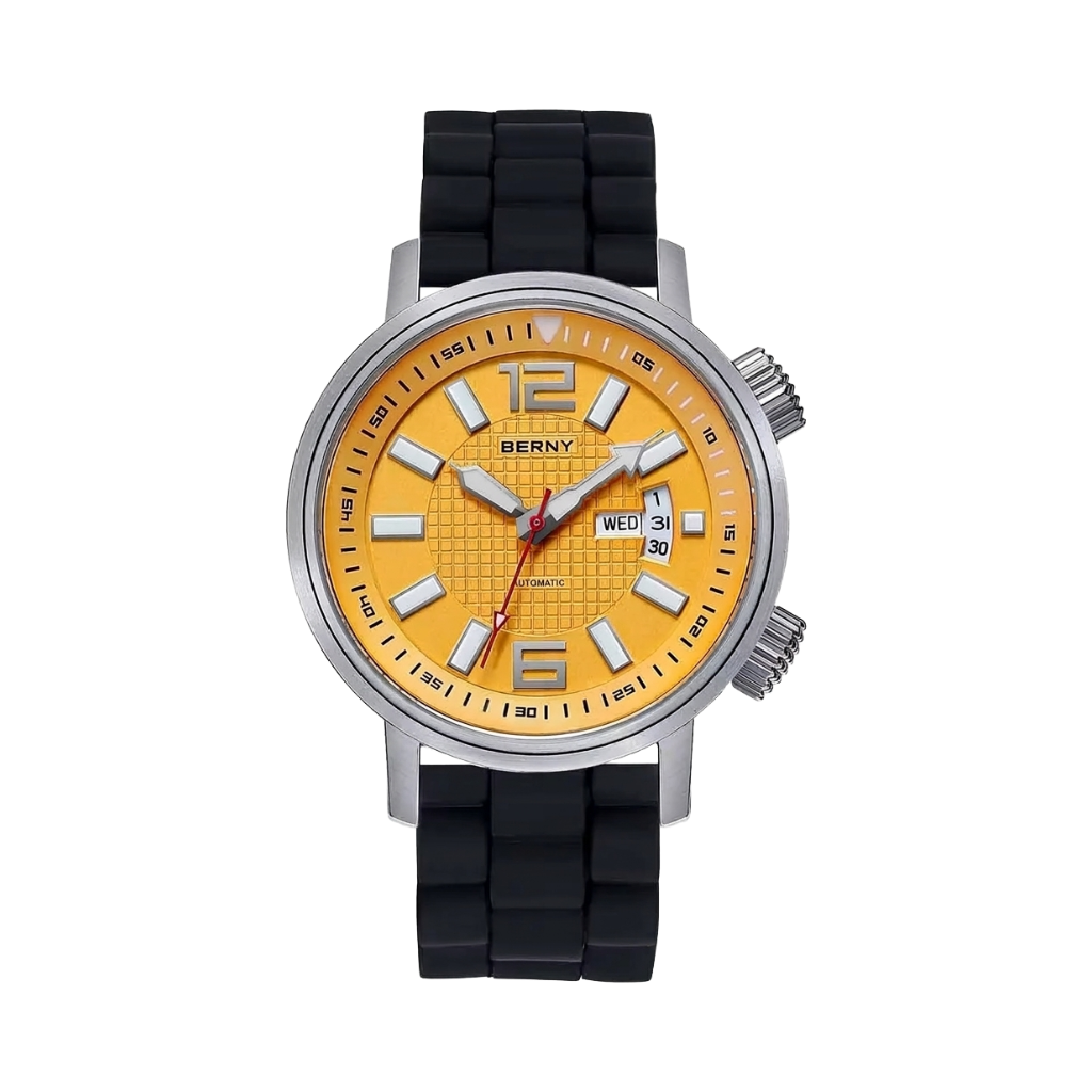 BERNY AM7081M Black Rubber Strap - Automatic Dive Watch with Day-Date