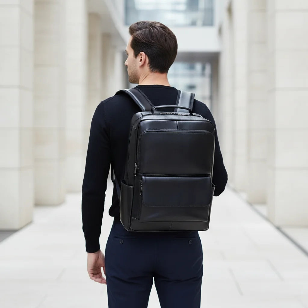 Black Genuine Leather Laptop Backpack — rear view worn by a man in a black sweater