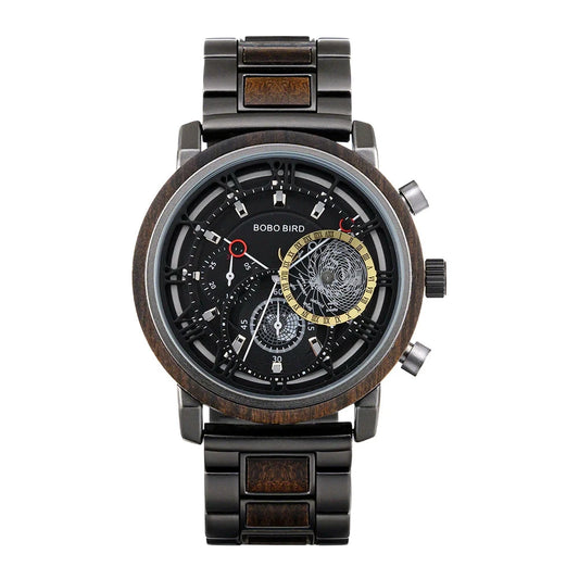 Diagram of BOBO BIRD GT044 Men’s Wooden Watch showing chronograph minutes, seconds, 24-hour subdial, and calendar settings with labeled controls.