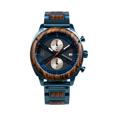 BOBO BIRD GT149-2A - Luxury men’s quartz chronograph watch with azure forest case black dial and high precision timing function