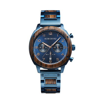 BOBO BIRD GT149-2A - Exotic wooden quartz chronograph watch with blue amber dial Snakewood bezel and luxury men’s steel bracelet