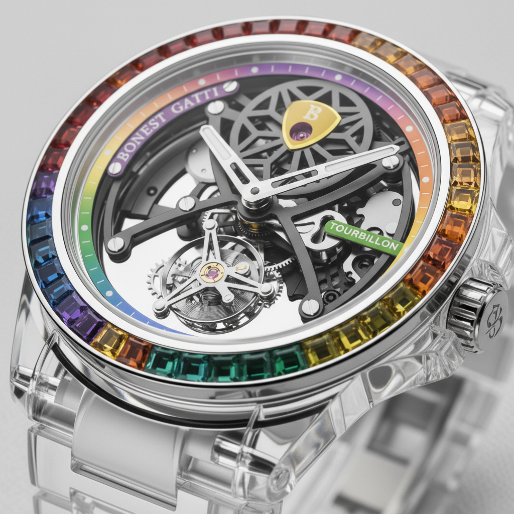 BONEST GATTI BG-8002 automatic diver watch with skeleton dial and rainbow bezel front view