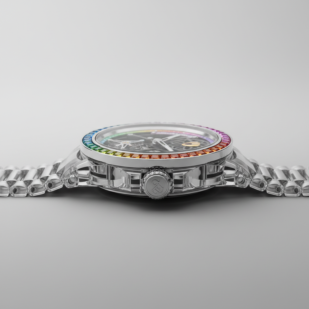 Side profile of BONEST GATTI BG-8002 automatic diver watch showing transparent case and rainbow bezel