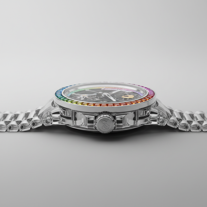 Side profile of BONEST GATTI BG-8002 automatic diver watch showing transparent case and rainbow bezel