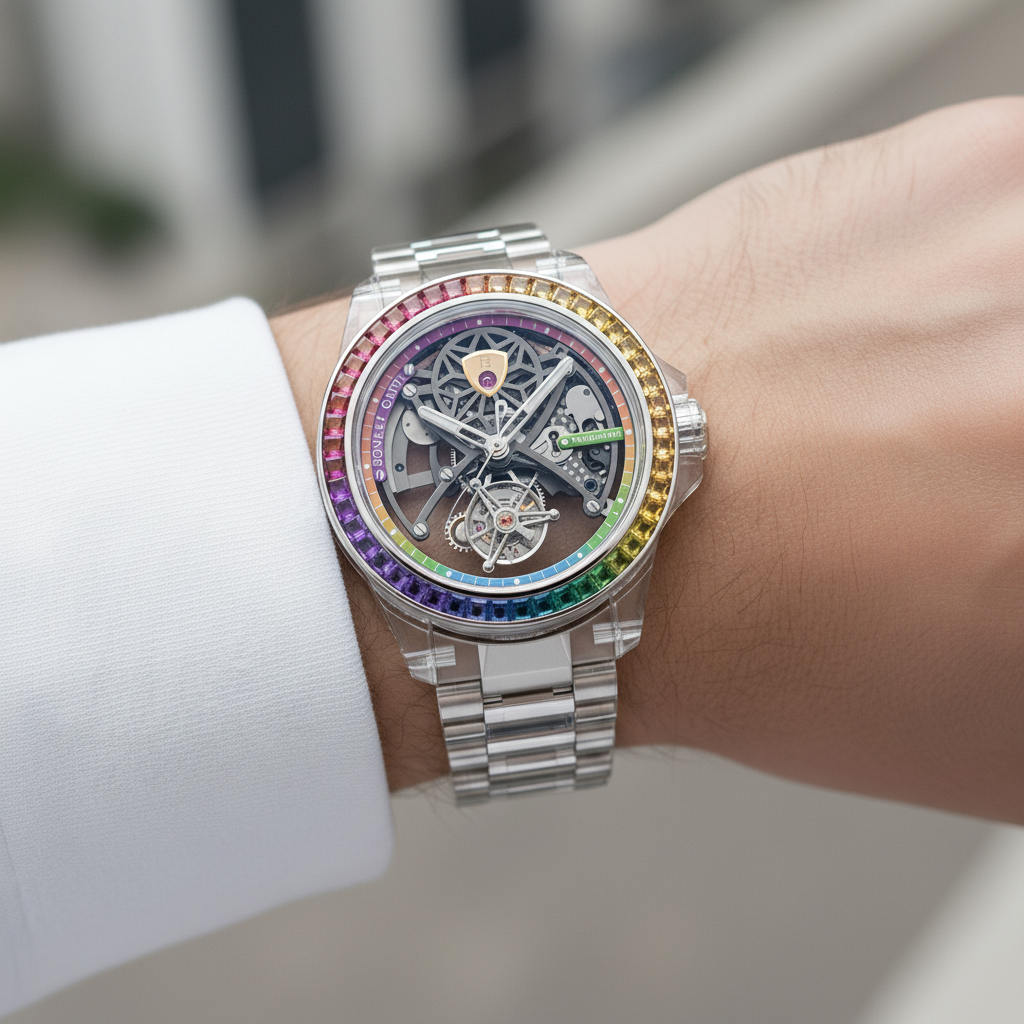 BONEST GATTI BG-8002 automatic diver watch worn on wrist with rainbow bezel lifestyle view