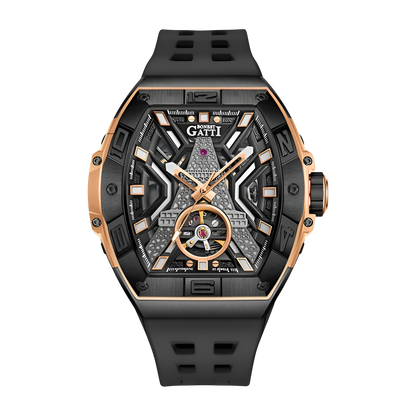 BONEST GATTI BG5001 automatic skeleton watch for men with black case, rose gold accents and tonneau open worked dial