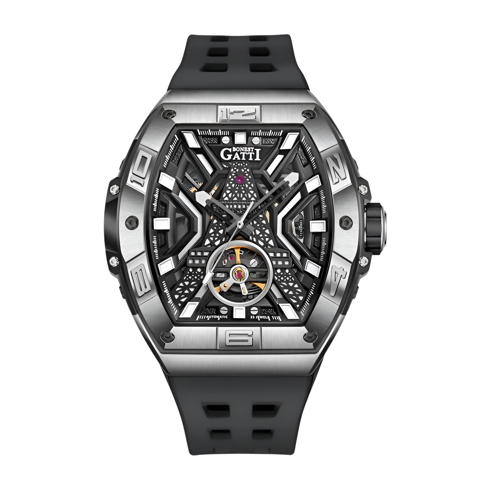 BONEST GATTI BG5001 automatic skeleton watch for men featuring brushed steel case, black dial structure and visible mechanical movement