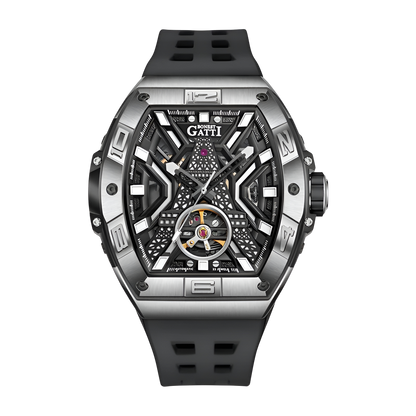 BONEST GATTI BG5001 automatic skeleton watch for men featuring brushed steel case, black dial structure and visible mechanical movement
