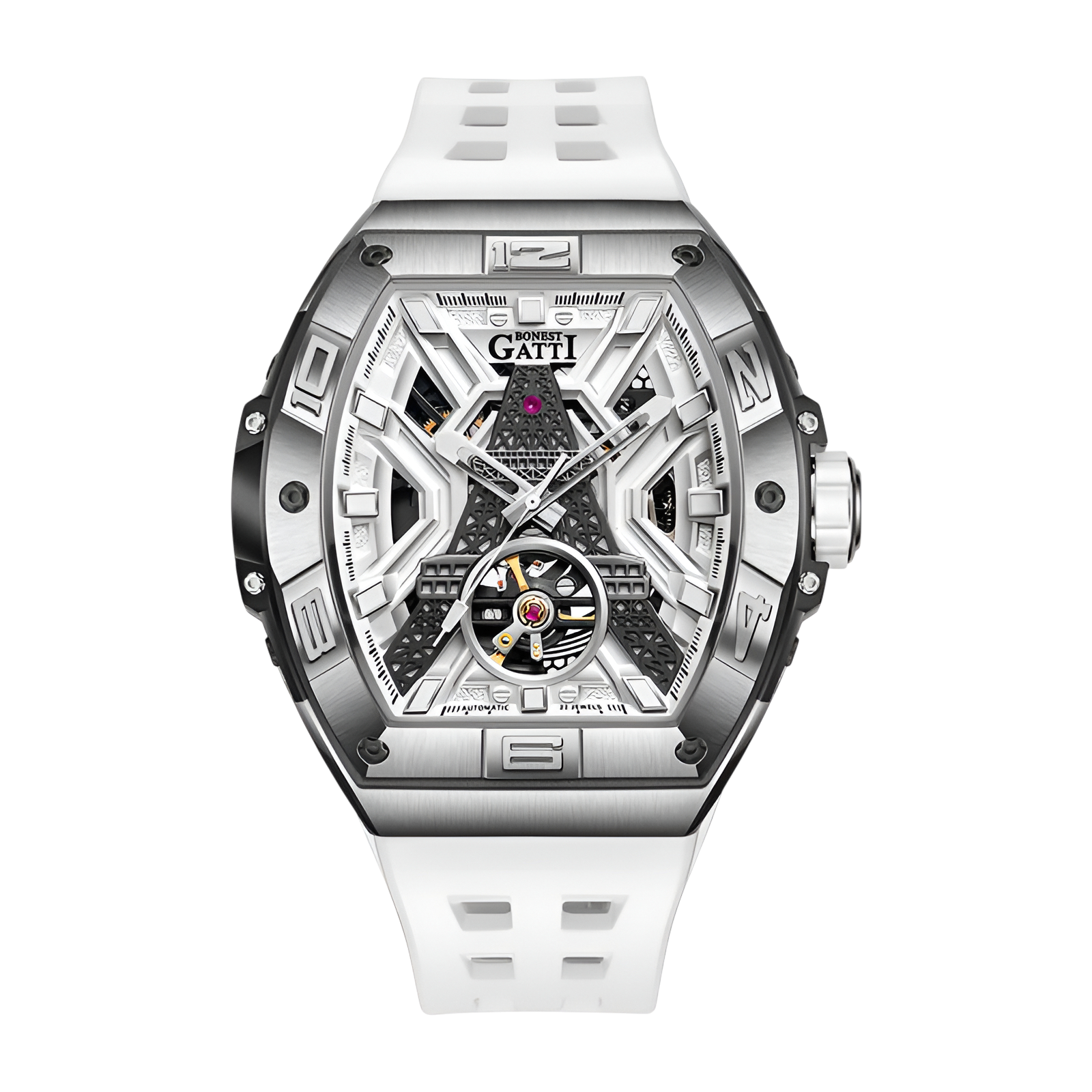 BONEST GATTI BG5001 automatic skeleton watch for men with white strap, stainless steel case and architectural skeleton dial