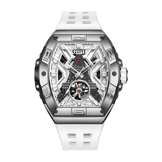 BONEST GATTI BG5001 automatic skeleton watch for men with white strap, stainless steel case and architectural skeleton dial