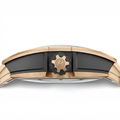 BONEST GATTI BG5002 skeleton automatic watch crown side profile showing engraved logo and brushed steel case detailing