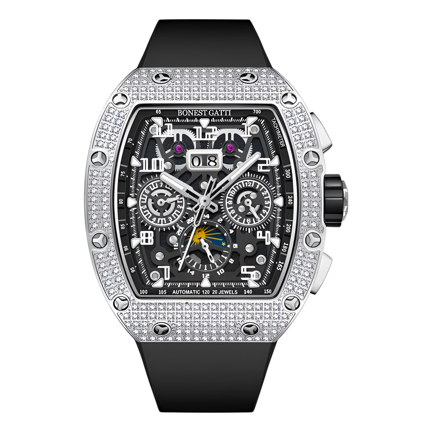 BONEST GATTI BG5004 automatic mechanical watch with diamond bezel and black strap, skeleton dial front view