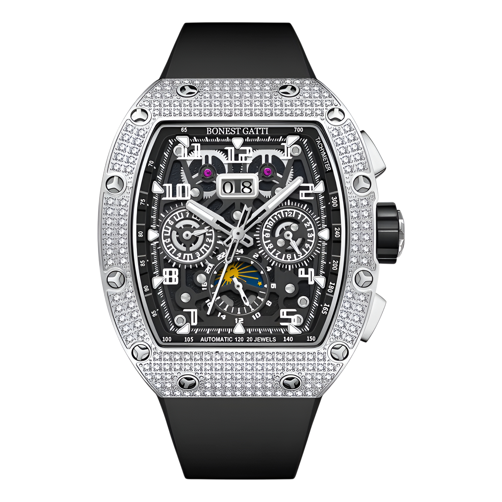 BONEST GATTI BG5004 automatic mechanical watch with diamond bezel and black strap, skeleton dial front view
